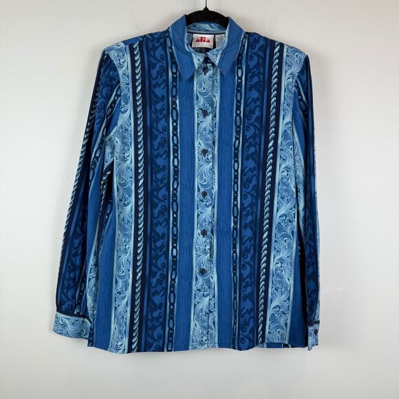 Alia Shirt Women 8 Blue Striped Chain Print Long Sleeve Button-Up Artsy Retro - Picture 1 of 7
